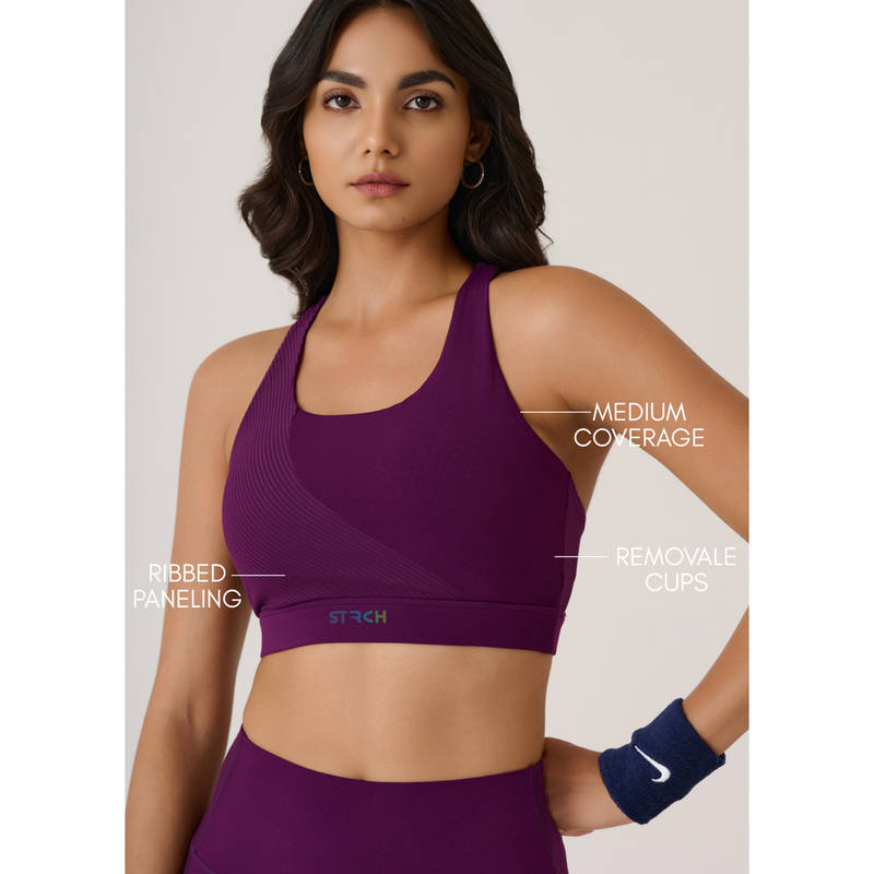 STRCH Midnight Purple Solid Slim Fit Sleeveless Cross Back Sports Bra (L)