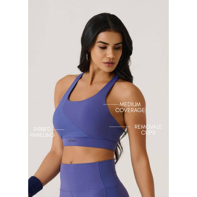 STRCH Skipper Blue Solid Slim Fit Sleeveless Cross Back Sports Bra (L)