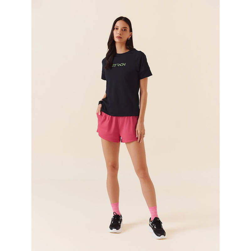 STRCH Solid Slim Fit Half Sleeve Round Neck Black T-Shirt (M)