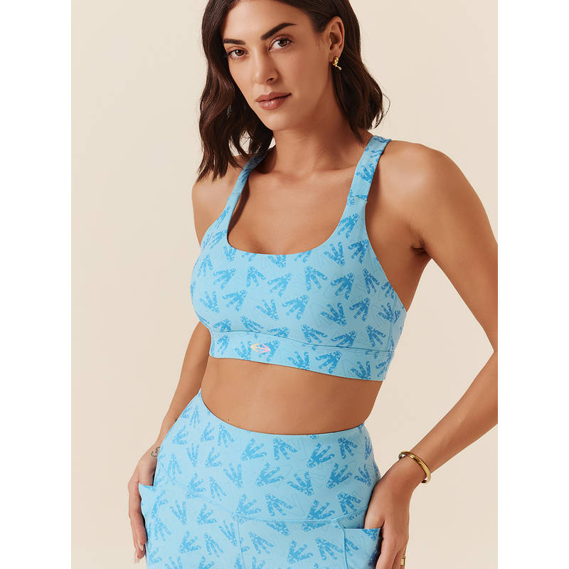 STRCH Milky Blue Printed Slim Fit Sleeveless Sports Bra (L)
