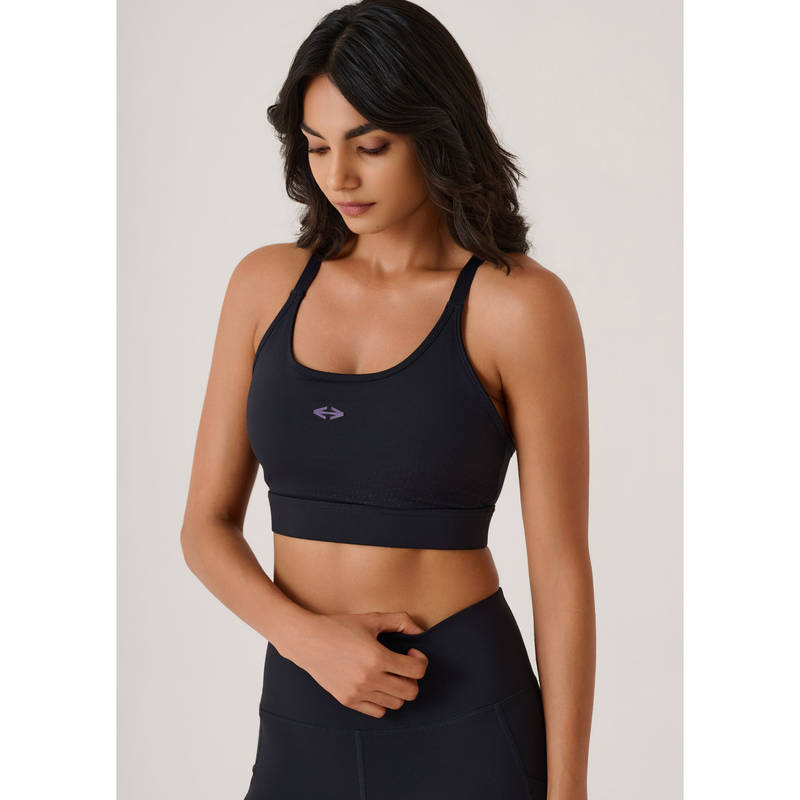 STRCH Solid Slim Fit Sleeveless Power Yoga Edition Black Sports Bra (L)