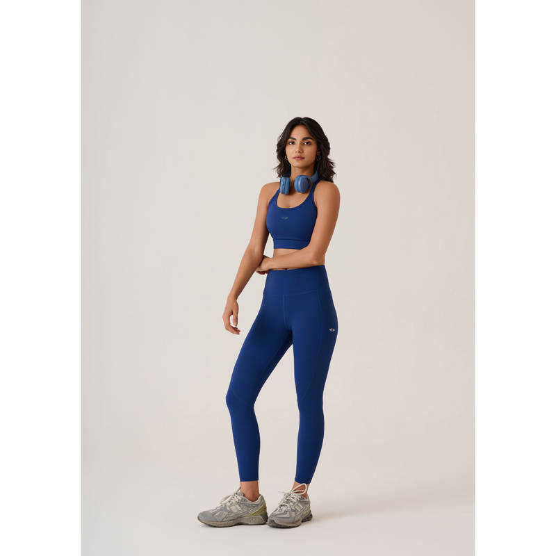 STRCH Navy Blue Solid Slim Fit Sleeveless Power Yoga Edition Sports Bra (L)