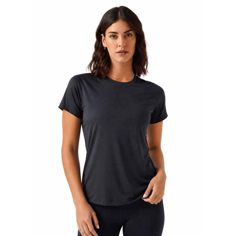 STRCH Black Solid Regular Fit Half Sleeve Round Neck Women's T-Shirt (L)