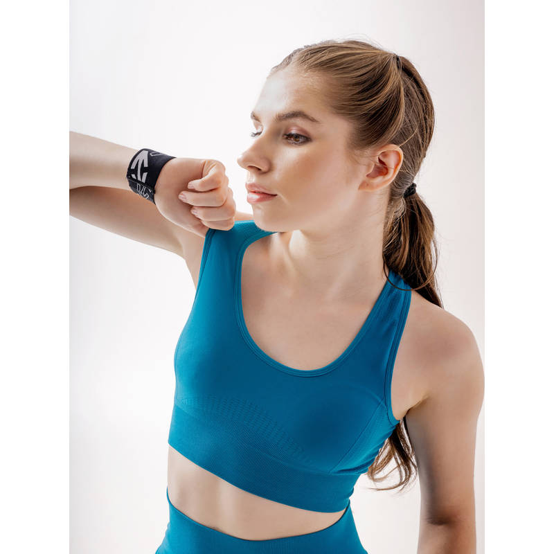 STRCH Solid Slim Fit Sleeveless Teal Sports Bra (XS-S)