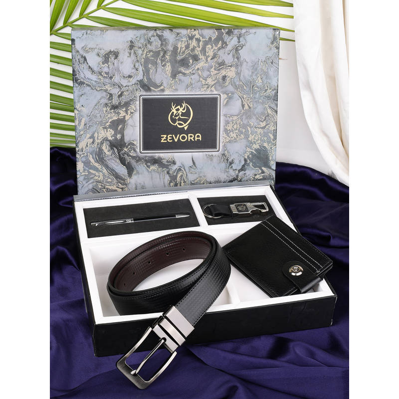 ZEVORA Men Gift Set With Reversible Checks Black Belt with Wallet & Pen Keychain (28)