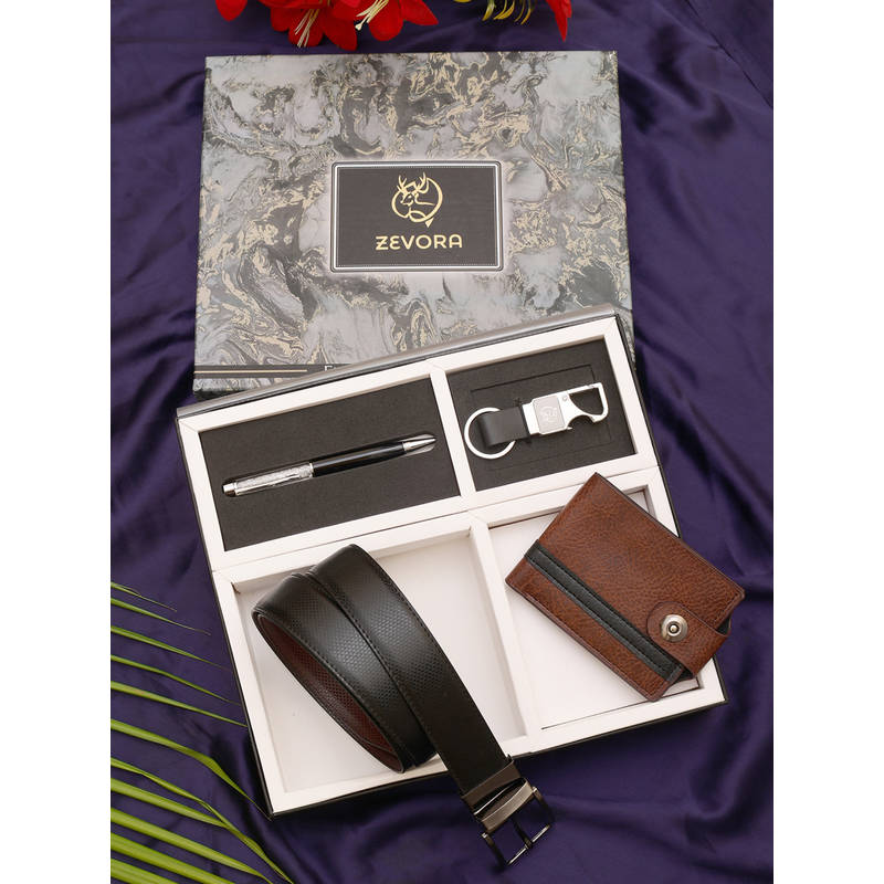 ZEVORA Men Gift Set With Reversible Texture Black Belt with Wallet & Pen Keychain (28)