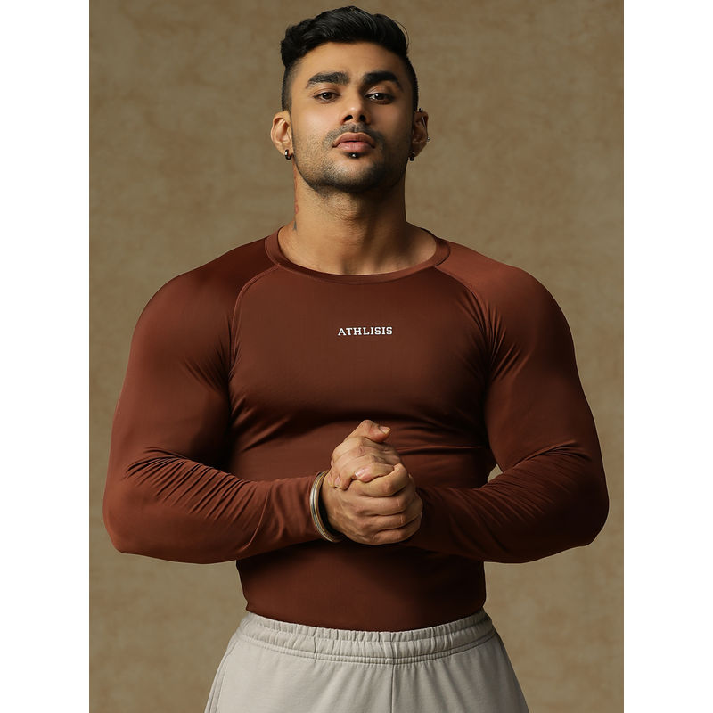 Athlisis Men Brown Solid Anti Odour Compression T-Shirt (L)