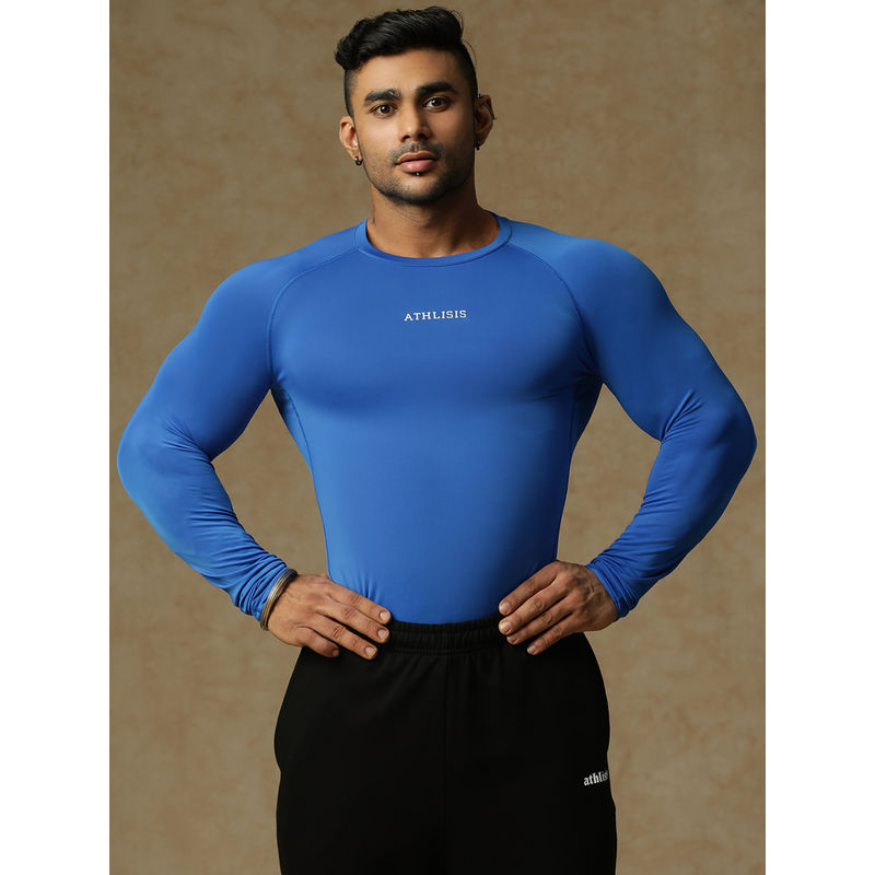 Athlisis Men Blue Solid Anti Odour Raw Edge Compression T-Shirt (L)
