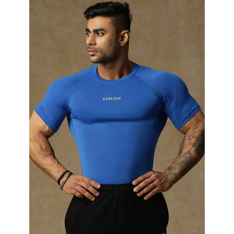 Athlisis Men Blue Solid Anti Odour Applique Compression T-Shirt (S)