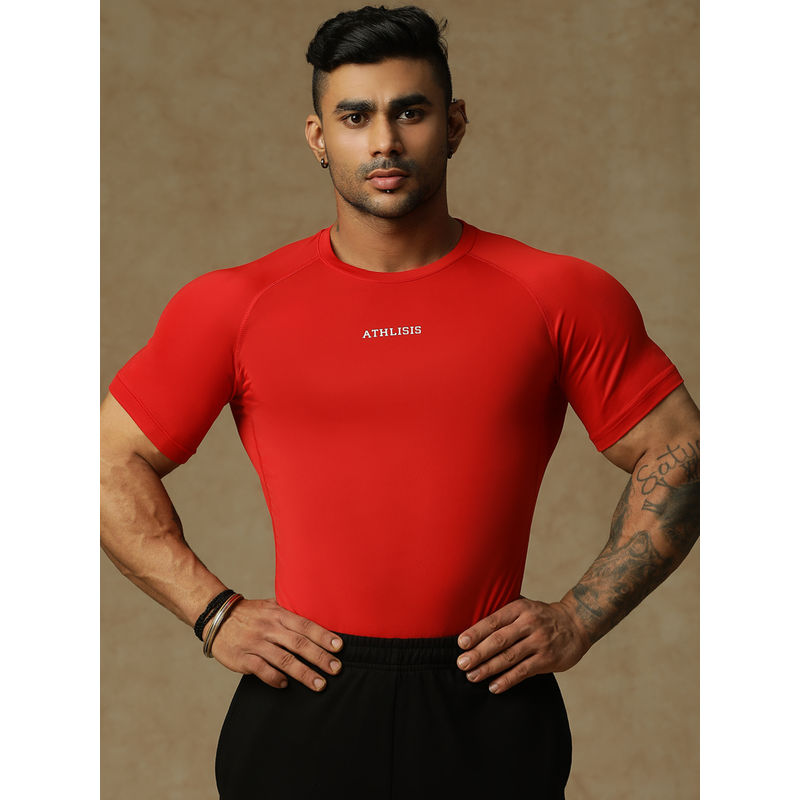 Athlisis Men Red Anti Odour Applique Compression T-Shirt (L)