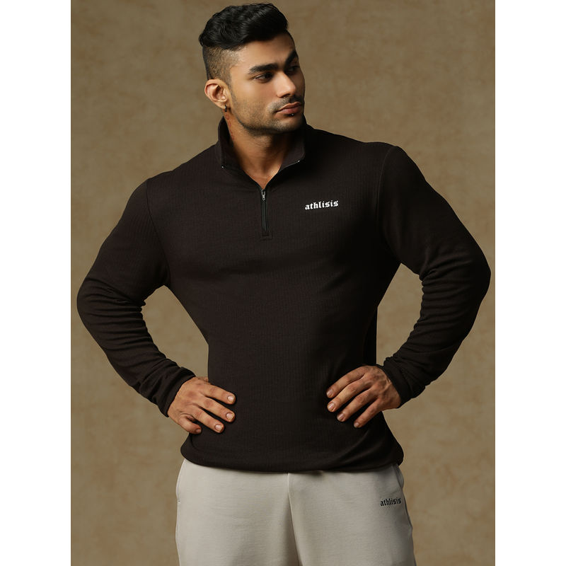 Athlisis Men Black High Neck Dri-Fit Raw Edge Slim Fit T-Shirt (L)