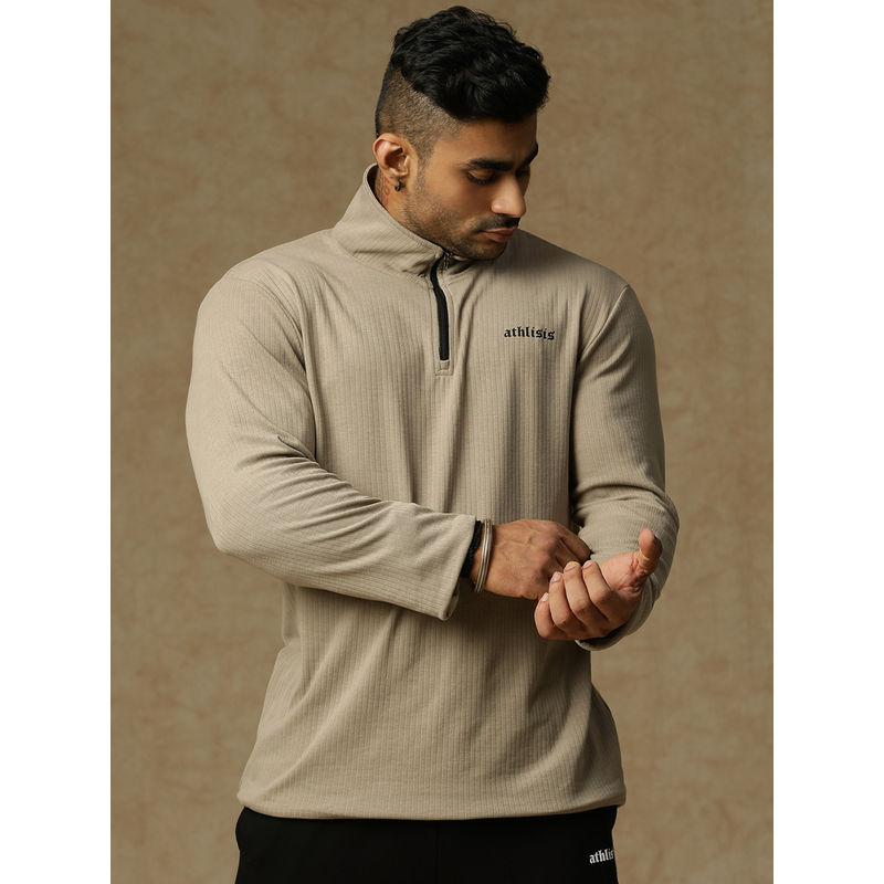 Athlisis Men Beige High Neck Dri-Fit Pockets Slim Fit T-Shirt (L)