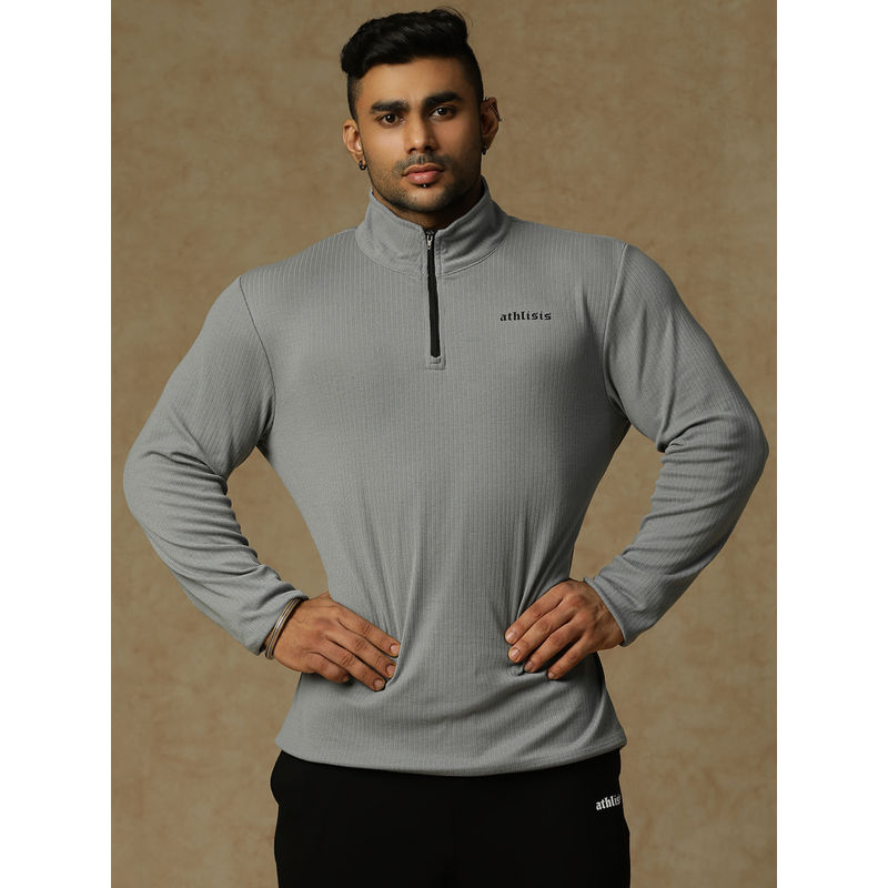 Athlisis Men Grey High Neck Dri-Fit Applique Slim Fit T-Shirt (L)