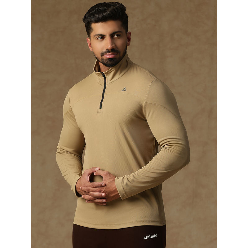 Athlisis Men Khaki High Neck Dri-Fit Pockets Slim Fit T-Shirt (2XL)