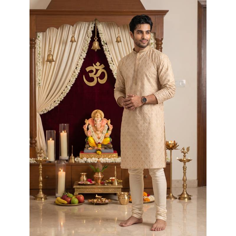 KISAH Men Cotton Blend Beige Kurta (42)