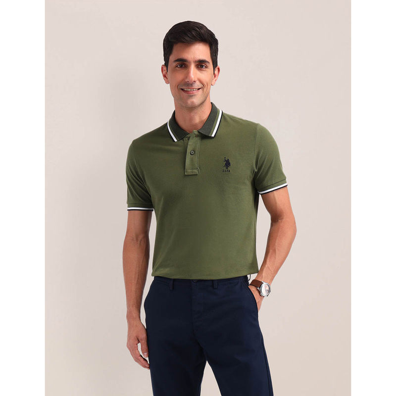 U.S. POLO ASSN. Mens Olive Solid Polo T-Shirt (M)