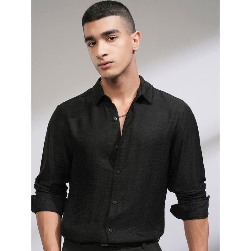 HIGHLANDER Men Black Jacquard Solid Party Shirt (XL)