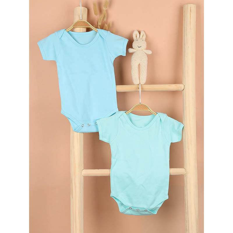 Moms Home Organic Cotton Baby Onesie Green & Sky Blue (Pack of 2) (6-12 Months)