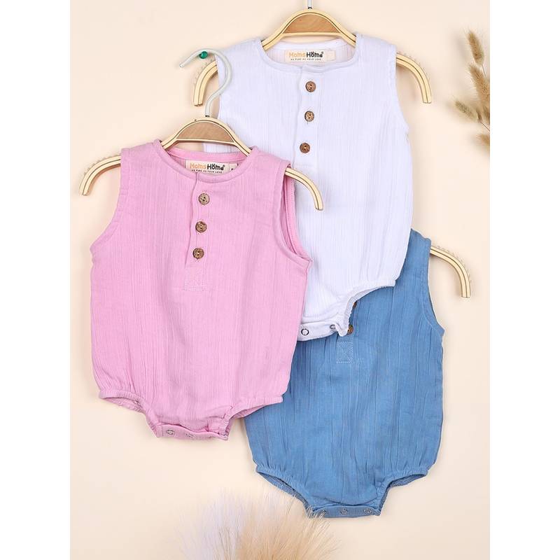 Moms Home Organic Cotton Baby Onesie Pink, White & Blue (Pack of 3) (6-12 Months)