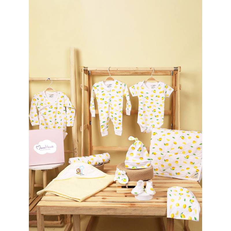 Moms Home Organic Cotton Hospital Lemon Gift Hamper for Newborn Baby (Set of 10) (0-3 Months)