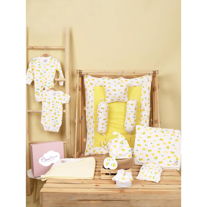 Moms Home Organic Cotton Hospital Bag Gift Hamper For Kids Lemon (Set of 13) (0-3 Months)