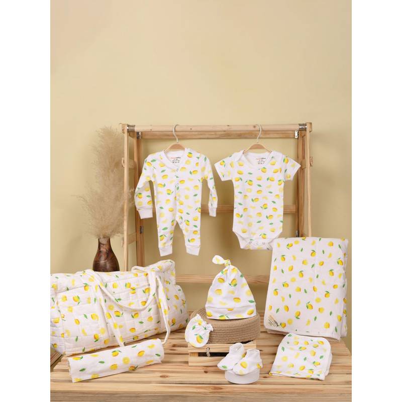 Moms Home Organic Cotton Hospital Bag Gift Hamper For Kids Lemon (Set of 9) (0-3 Months)