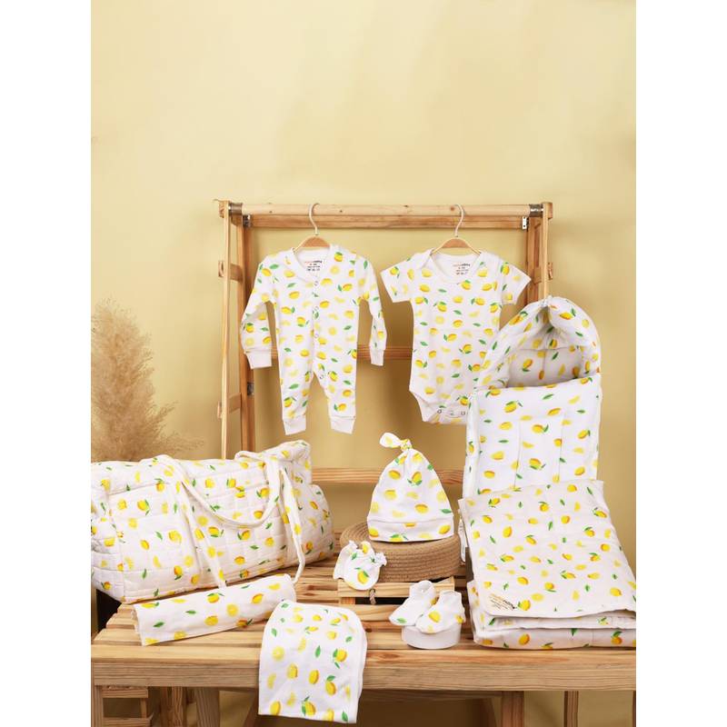 Moms Home Organic Cotton Hospital Bag Gift Hamper For Kids Lemon (Set of 10) (3-6 Months)