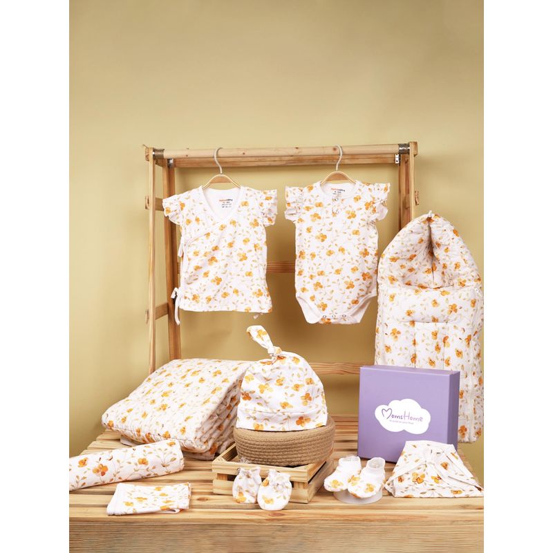 Moms Home Organic Cotton Hospital Bloom Gift Hamper for Newborn Baby (Set of 10) (0-3 Months)