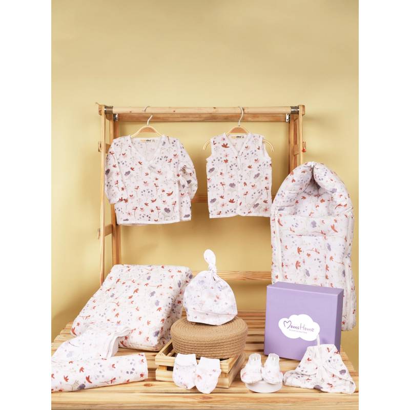 Moms Home Organic Cotton Hospital Blossom Gift Hamper for Newborn Baby (Set of 10) (0-3 Months)