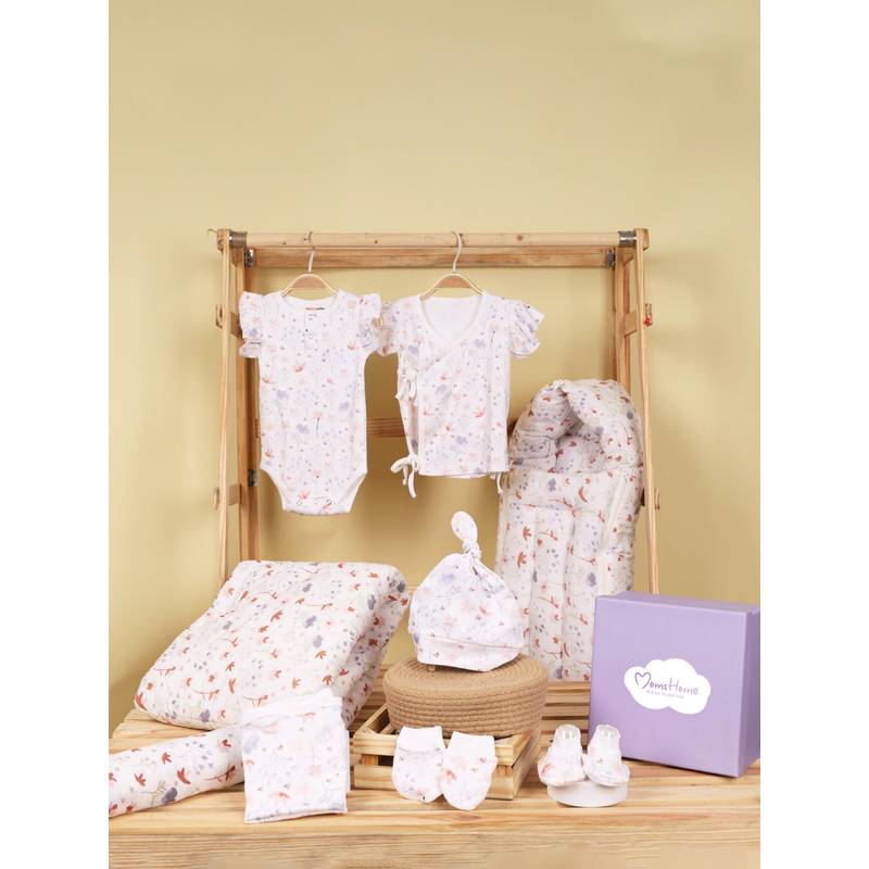 Moms Home Organic Cotton Hospital Bag Gift Hamper for Kids Blossom (Set of 9) (0-3 Months)