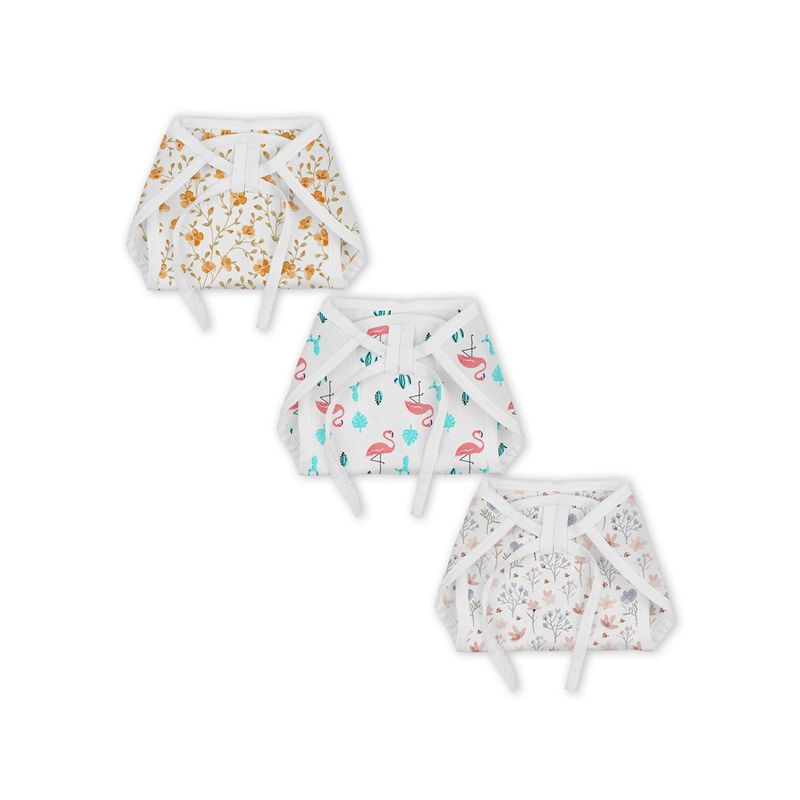 Moms Home Organic Cotton Muslin Cushioned Nappy Bloom Blossom & Flamingo (Pack of 3) (0-3 Months)