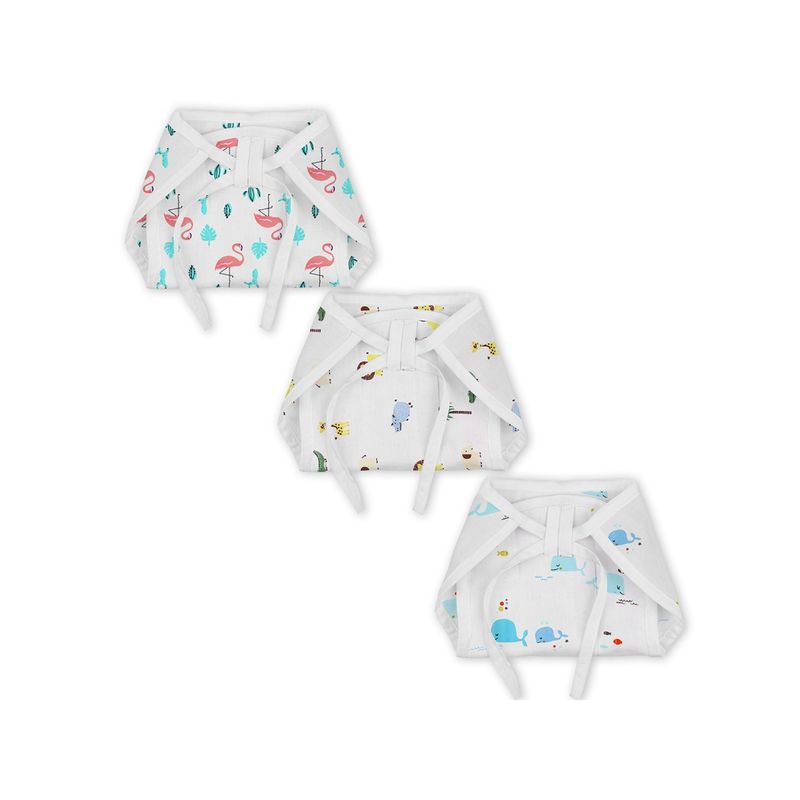 Moms Home Organic Cotton Muslin Cushioned Nappy Flamingo Lion Whale (Pack of 3) (0-3 Months)