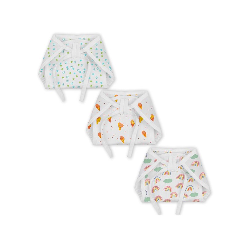 Moms Home Organic Cotton Muslin Cushioned Nappy Heart Ice & Rainbow (Pack of 3) (0-3 Months)