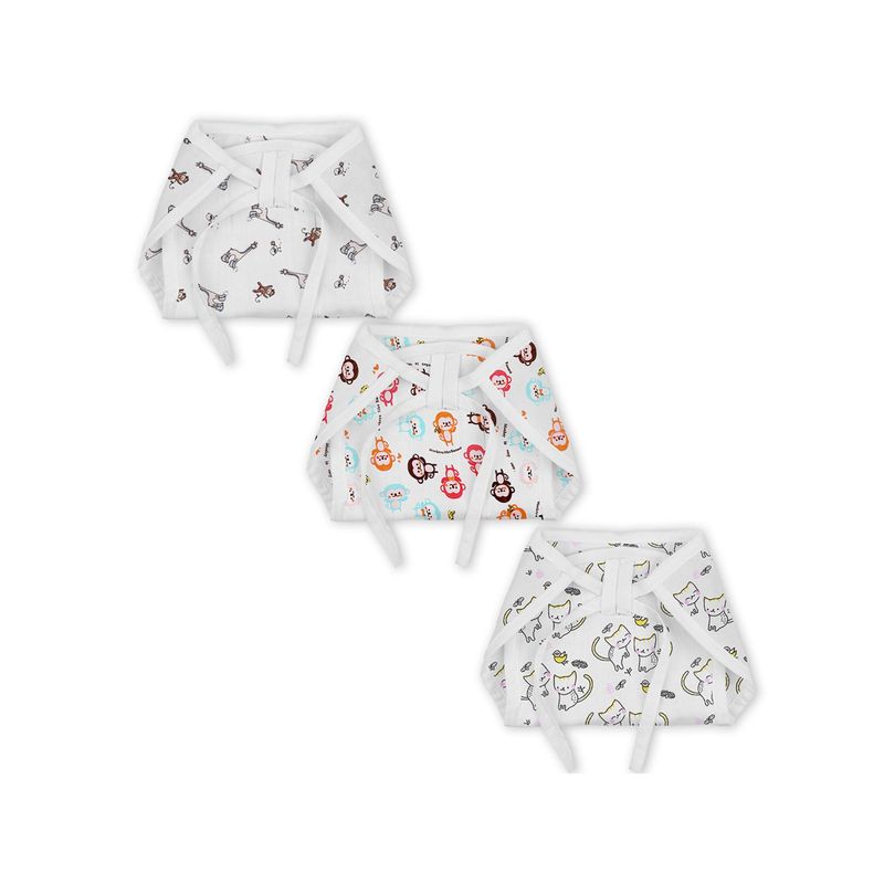 Moms Home Organic Cotton Muslin Cushioned Nappy Jungle Monkey & Cat (Pack of 3) (0-3 Months)