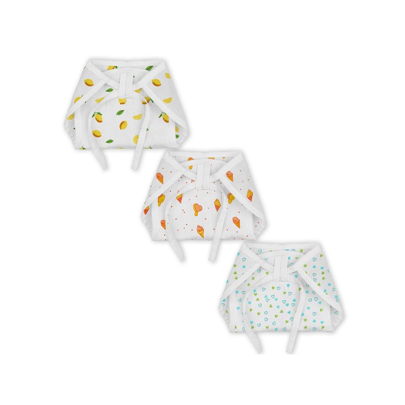 Moms Home Organic Cotton Muslin Cushioned Nappy Lemon Ice & Heart (Pack of 3) (0-3 Months)