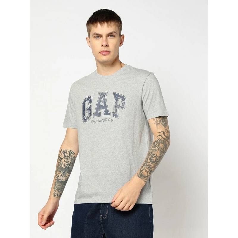 GAP Men Grey Logo Text Printed Half Sleeves T-shirt (2XL)