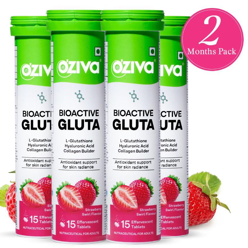 OZiva Bioactive Gluta Fizzy (L-Glutathione), Reduce Cellular Damage on Skin - Strawberry (Pack of 4)