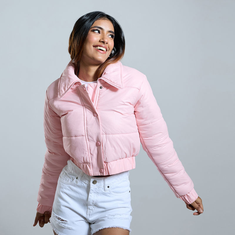 MIXT by Nykaa Fashion Pink Solid Collar Neck Full Sleeves Quilted Crop Puffer Jacket (XS)