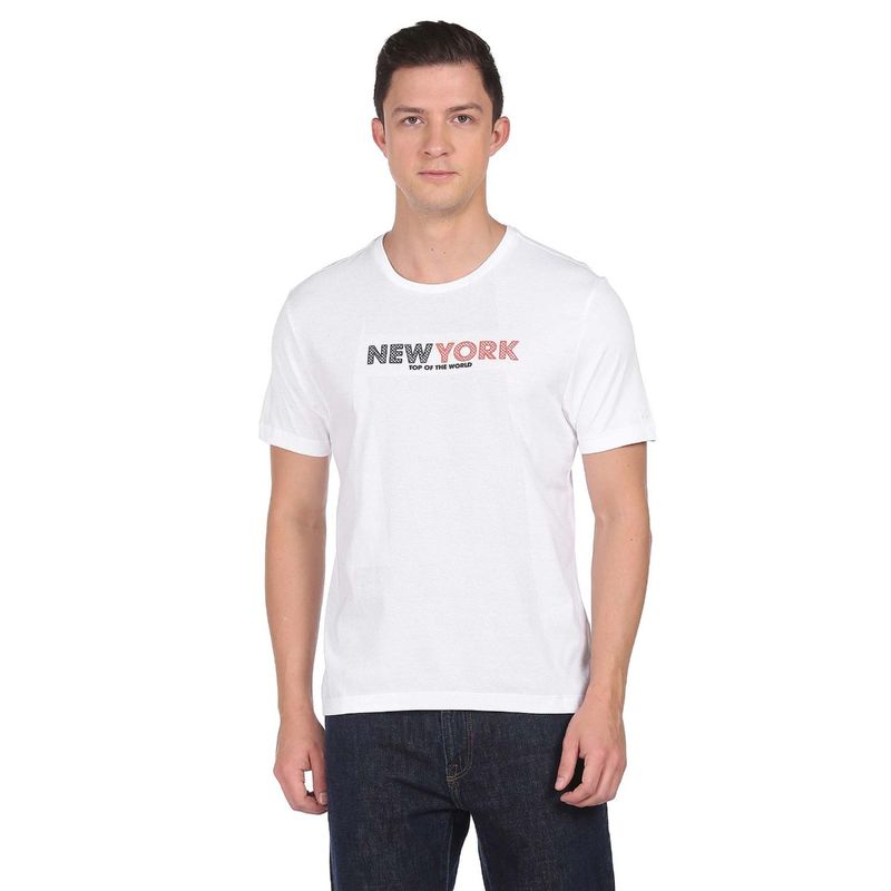 Arrow Newyork Men White Brand Print Cotton T-Shirt (2XL)
