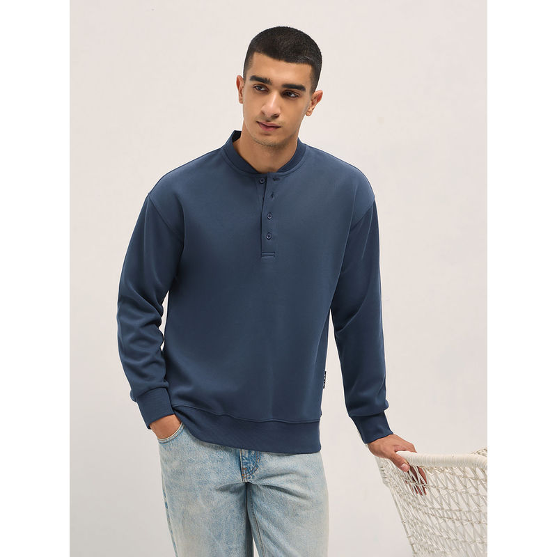 THE BEAR HOUSE Mens Relaxed Fit Navy Blue Solid Cotton Blend Sweatshirt (M)