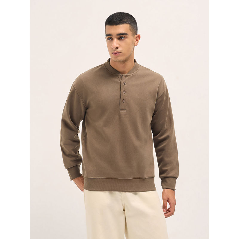 THE BEAR HOUSE Mens Relaxed Fit Brown Solid Cotton Blend Sweatshirt (XL)