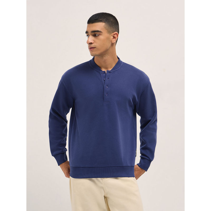 THE BEAR HOUSE Mens Relaxed Fit Royal Blue Solid Cotton Blend Sweatshirt (S)