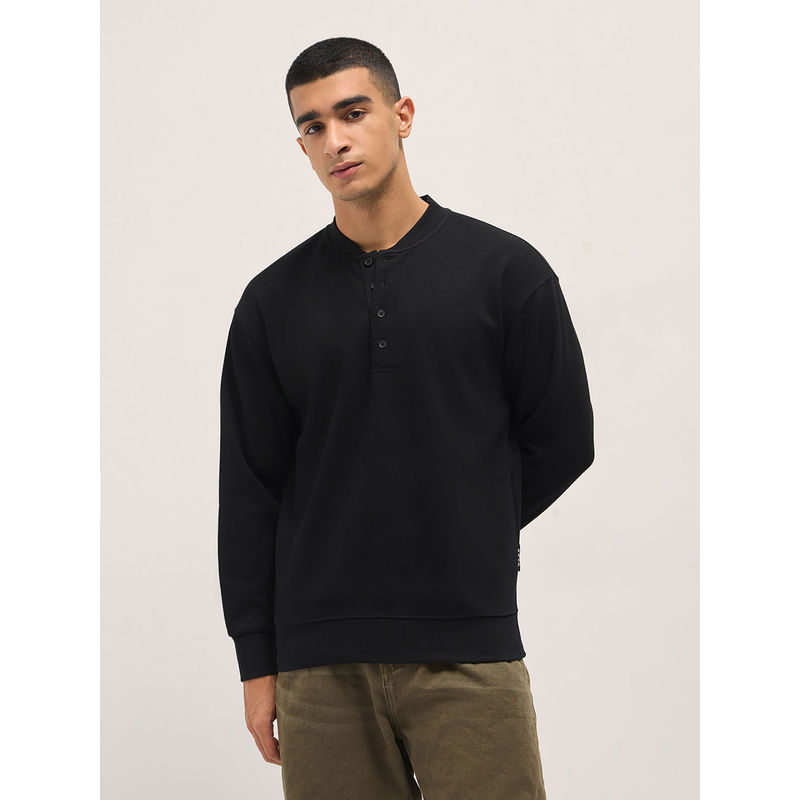 THE BEAR HOUSE Mens Relaxed Fit Black Solid Cotton Blend Sweatshirt (M)