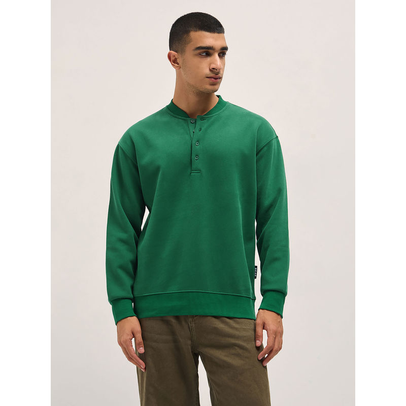 THE BEAR HOUSE Mens Relaxed Fit Green Solid Cotton Blend Sweatshirt (M)