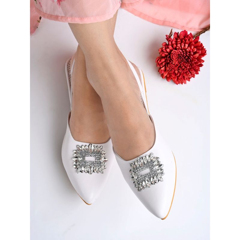 Shoetopia Embellished Front Studded Buckle White Mules for Women and Girls (EURO 39)