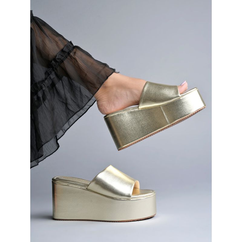 Shoetopia Embellished Golden Platform Heels for Women and Girls (EURO 39)