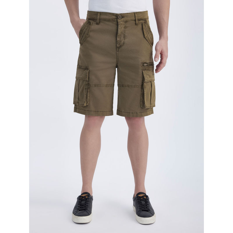 Pepe Jeans Men Khaki Mid Rise Stretch Overdyed Cargo Shorts (30)