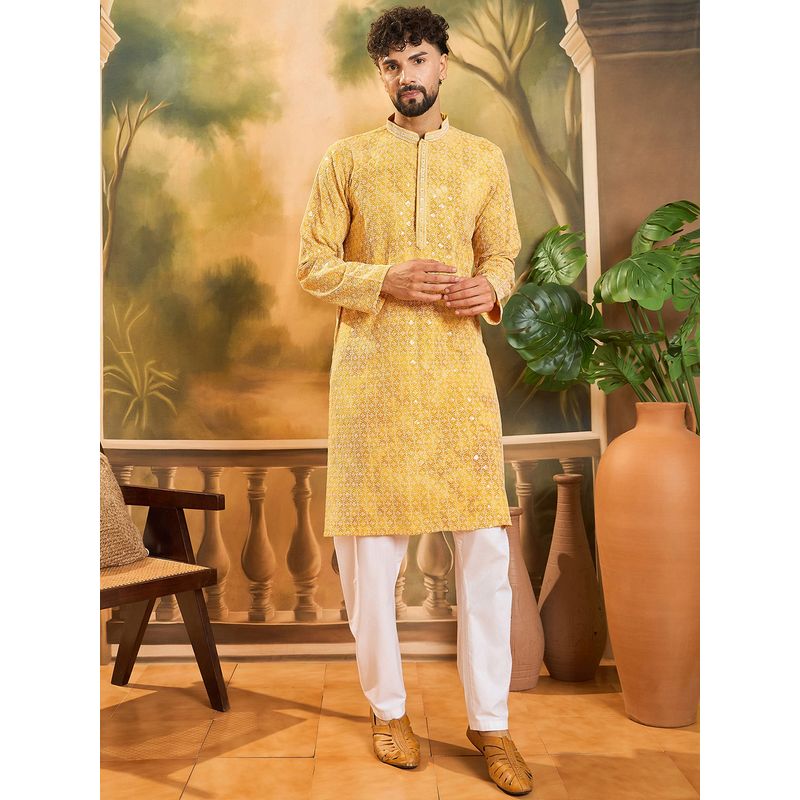 ETHNIC BAY Men Viscose Rayon Shibori Embroidered Straight Yellow Kurta (XL)