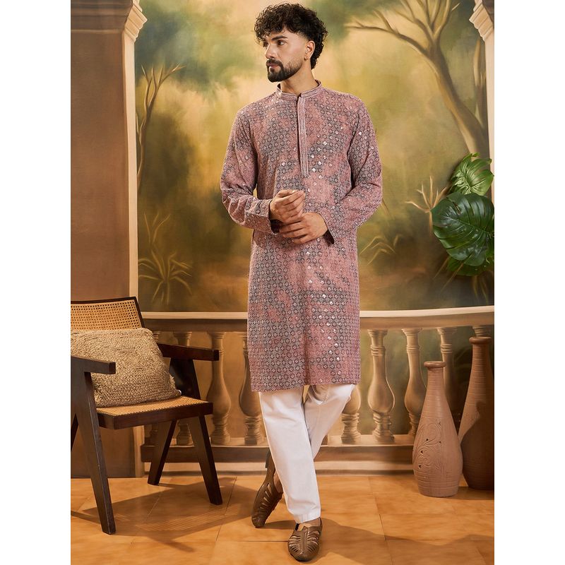 ETHNIC BAY Men Viscose Rayon Shibori Embroidered Straight Brown Kurta (S)