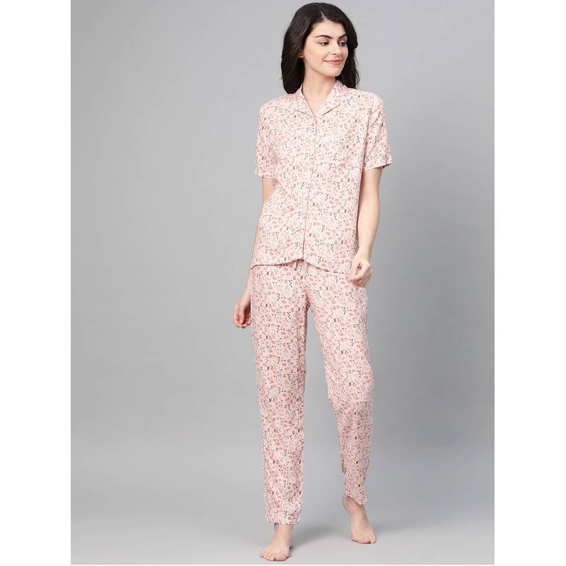 Drape In Vogue Women Peach Flower Print Night Suit (L)